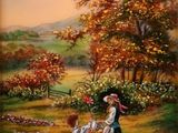 tableau représentant une femme et un enfant dans un champ avec un arbre
