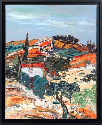 an oil painting of a landscape with houses and trees