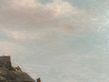 a painting of a group of people and animals by the water