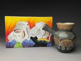 un tableau représentant une femme tenant un couteau à côté d'un vase