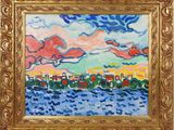 une peinture à l'huile représentant un coucher de soleil sur l'océan, avec une ville au loin