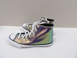 silver and purple high top sneakers with white laces on a white surface