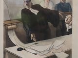 a painting of a man sitting at a desk with papers on it