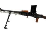 une vieille mitrailleuse avec une crosse en bois sur fond blanc