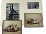 three old photos of people standing on a bridge with a bridge in the background
