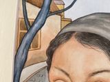 a painting of a woman with a bird on her head