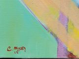 a painting of a yellow surfboard on a blue background