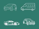 four different types of cars drawn in chalk on a green background