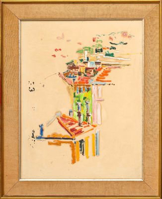 an image of a painting of a building with a clock on top of it