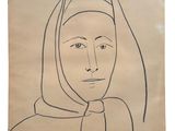 a drawing of a woman with a scarf on her head