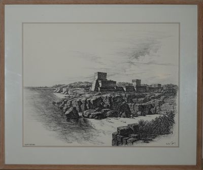 dessin représentant un château situé sur une falaise surplombant un plan d'eau