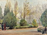 un tableau représentant un couple assis sur un banc dans un parc