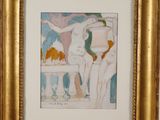framed painting of a woman and a cat sitting on a table