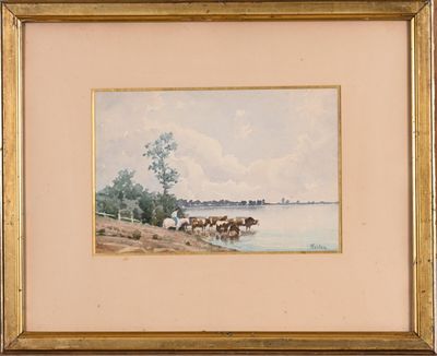 painting of cows by a river with a bridge in the background