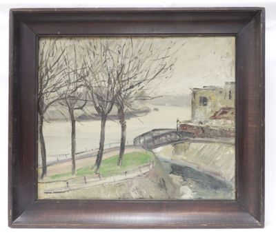 une peinture à l'huile représentant un pont enjambant une rivière, avec des arbres au premier plan