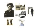 several black and white photos of a man in uniform and a tank