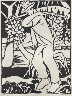 un dessin en noir et blanc représentant un homme portant une grappe de bananes