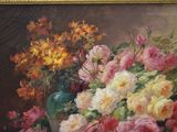 a painting of flowers in a vase on a table