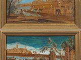 two paintings of boats and people on a beach near a body of water