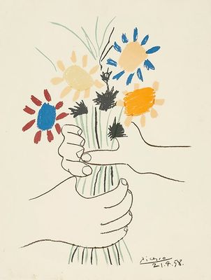 un dessin représentant une main tenant un bouquet de fleurs
