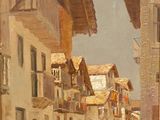 painting of a street scene with a person sitting on a bench