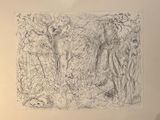 a black and white drawing of a forest with trees
