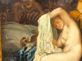 a painting of a naked woman sitting on a bed