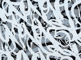 une peinture en noir et blanc sur laquelle figurent des inscriptions blanches