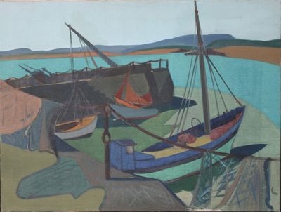 a painting of boats on the shore of the water