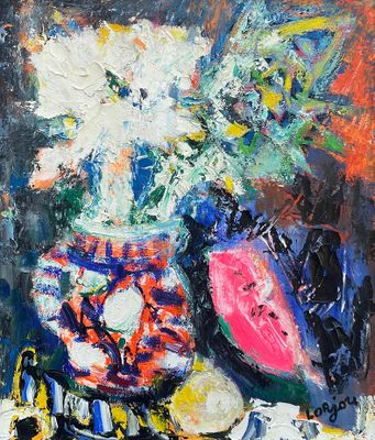 une peinture à l'huile représentant un vase de fleurs et de fruits sur une table