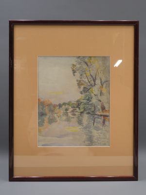 Ecole française du XXe siècle. Paysage lacustre en Normandie…