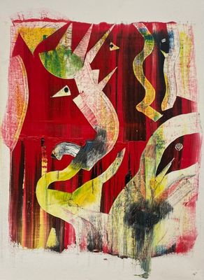 une image représentant un tableau avec des oiseaux et des fleurs sur fond rouge