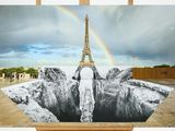 painting of the eiffel tower with a rainbow in the background