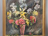a painting of flowers in a vase on a table