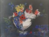 une peinture représentant un vase de fleurs sur une table