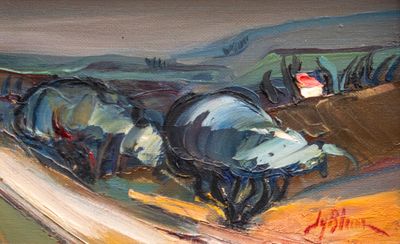 a painting of two horses pulling a cart down the road