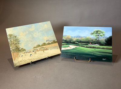 deux tableaux représentant un terrain de golf et un terrain de golf posé sur une table
