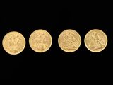 four gold coins are shown in a row on a black background