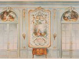 painting of a room with blue walls and a painting of angels on the wall