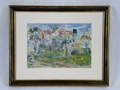 painting of a landscape with trees and bushes in a gold frame
