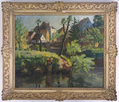 an image of a painting of a village by a river