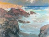 peinture représentant une scène de plage avec des rochers et de l'eau