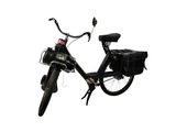 a black bicycle with a black bag on the back of it