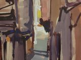 an oil painting of a room with a piano and a chair