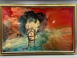tableau représentant une femme assise sur une chaise, avec un ciel rouge en arrière-plan
