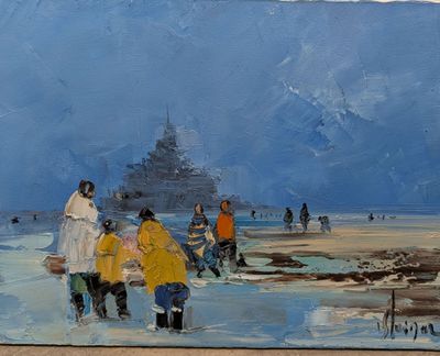 un tableau représentant un groupe de personnes marchant sur une plage