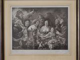 a black and white drawing of a group of people sitting around a table