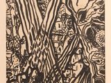 a black and white drawing of a tree in a forest