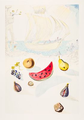 une photo montrant une pastèque, un fruit et des chocolats posés sur une table