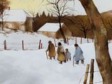 a painting of a group of people walking in the snow